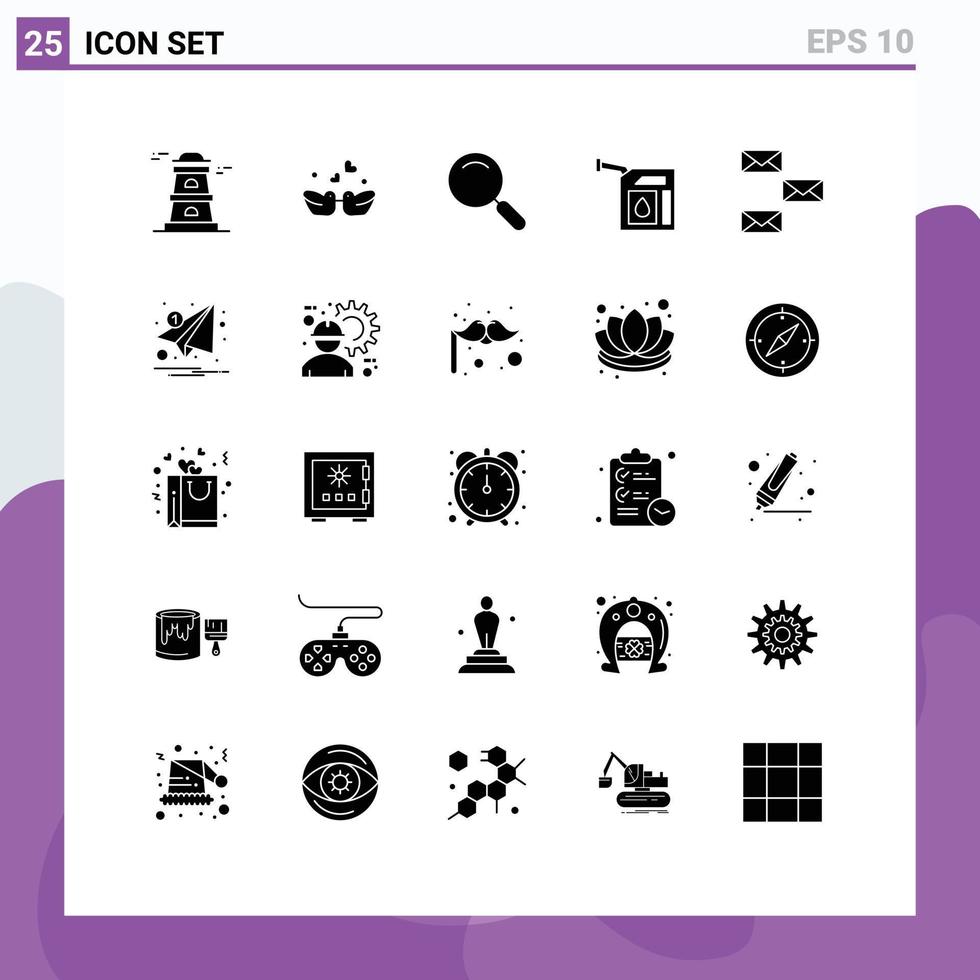 Gruppe von 25 soliden Glyphen Zeichen und Symbolen für Kontakt zurück Lupenstation Gas editierbare Vektordesign-Elemente vektor