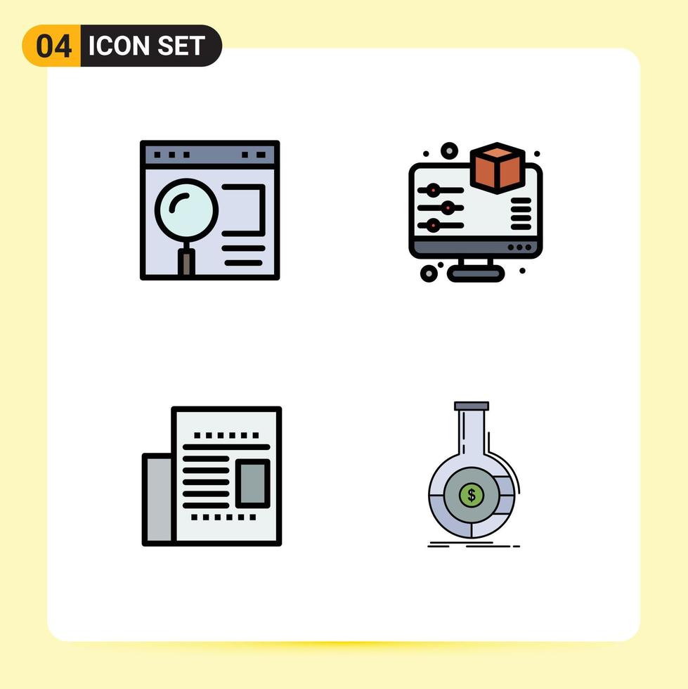 benutzeroberflächenpaket mit 4 grundlegenden gefüllten flachen farben des browserartikelsuchmonitors office editierbare vektordesignelemente vektor