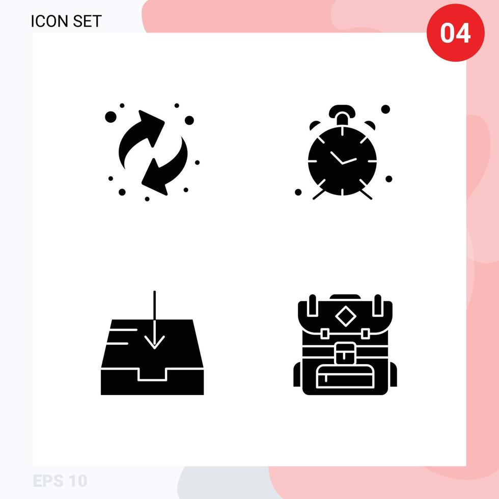 moderner Satz von 4 soliden Glyphen und Symbolen wie Pfeile Mailbox Alarm Erinnerungstasche editierbare Vektordesign-Elemente vektor