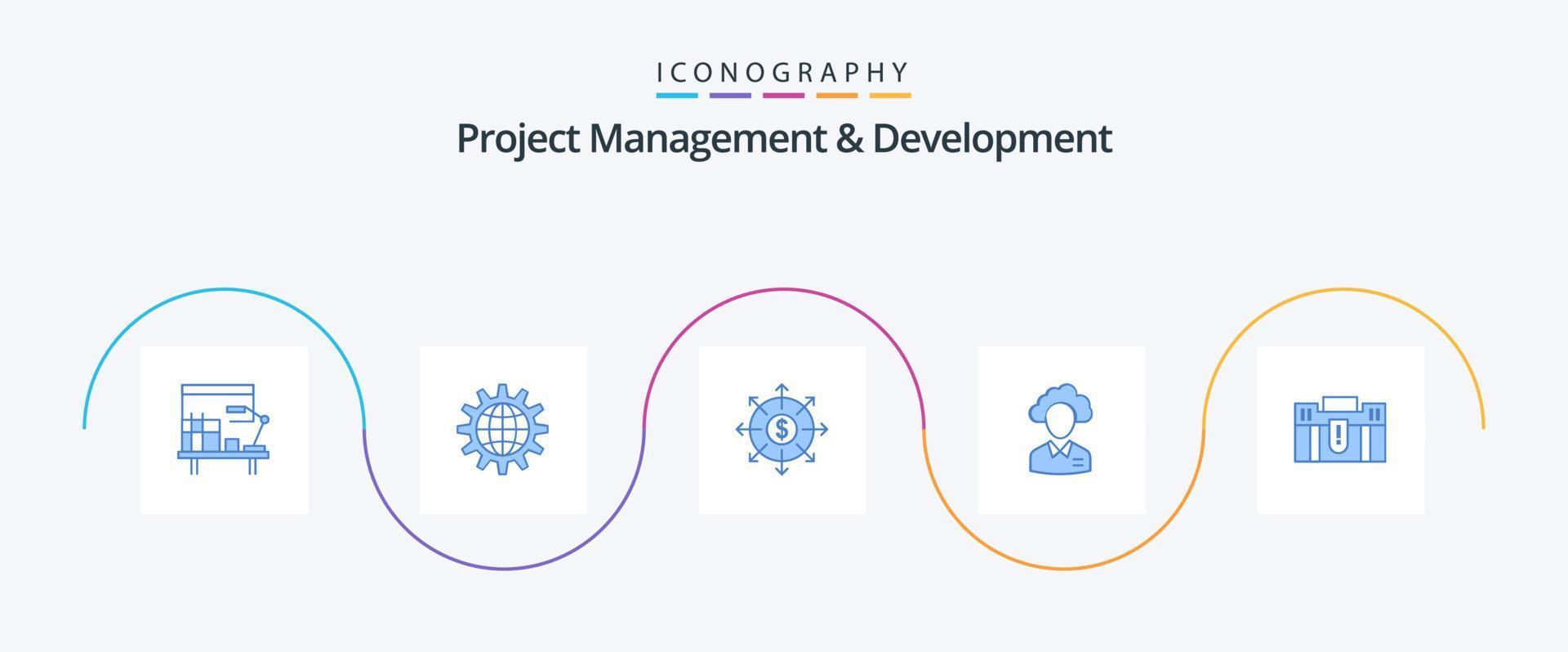 projekt förvaltning och utveckling blå 5 ikon packa Inklusive mänsklig. outsourca. redskap. kontanter. bank vektor