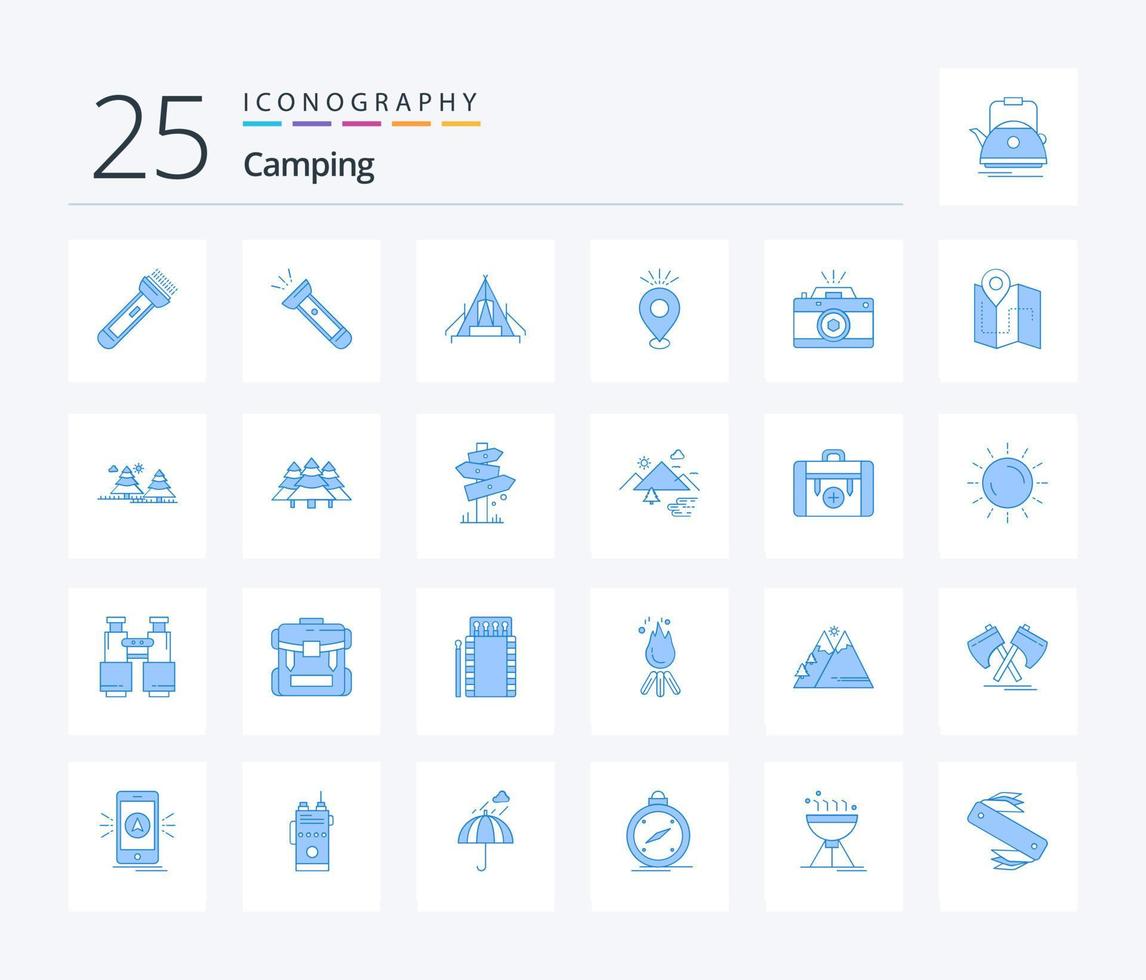 Camping 25 blaues Symbolpaket inklusive Fotografie. Karte. Campingplatz. Ferien. Stift vektor