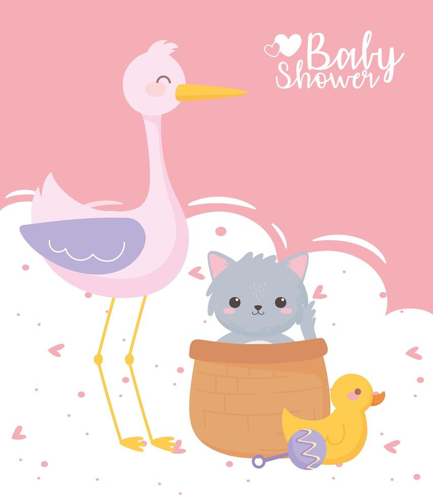 baby shower, söt stork katt anka och skaller leksaker, firande välkomna nyfödda vektor