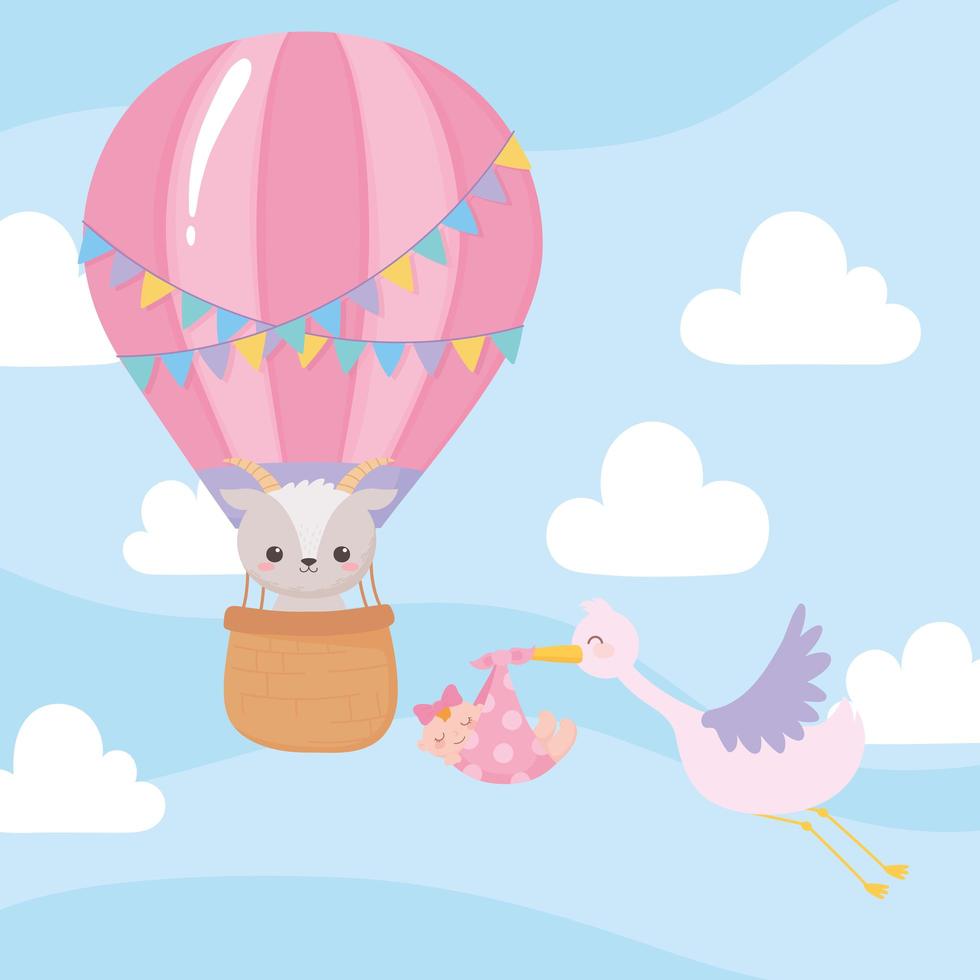 Babyparty, fliegender Storch mit kleinem Mädchen und Schaf im Luftballon, Feier willkommen Neugeborenes vektor