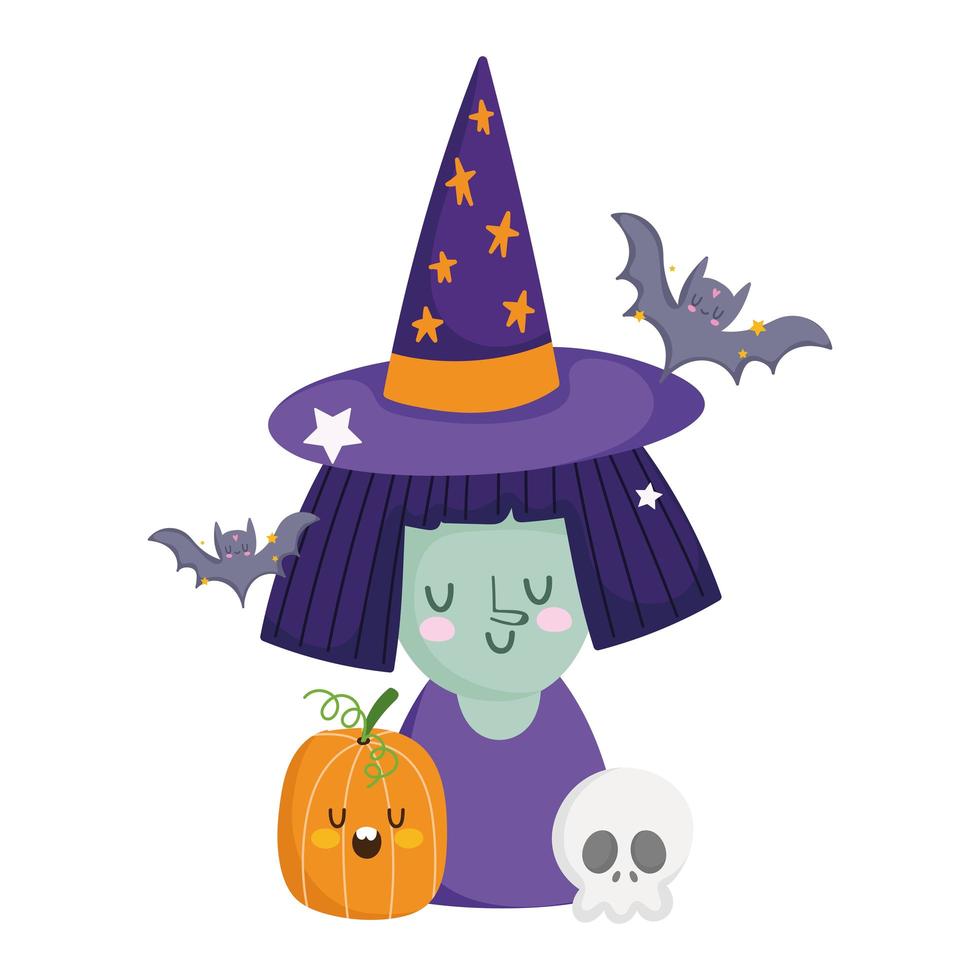 Happy Halloween, Hexe mit Hut Kürbis Schädel und Fledermäuse, Süßes oder Saures Party Feier vektor