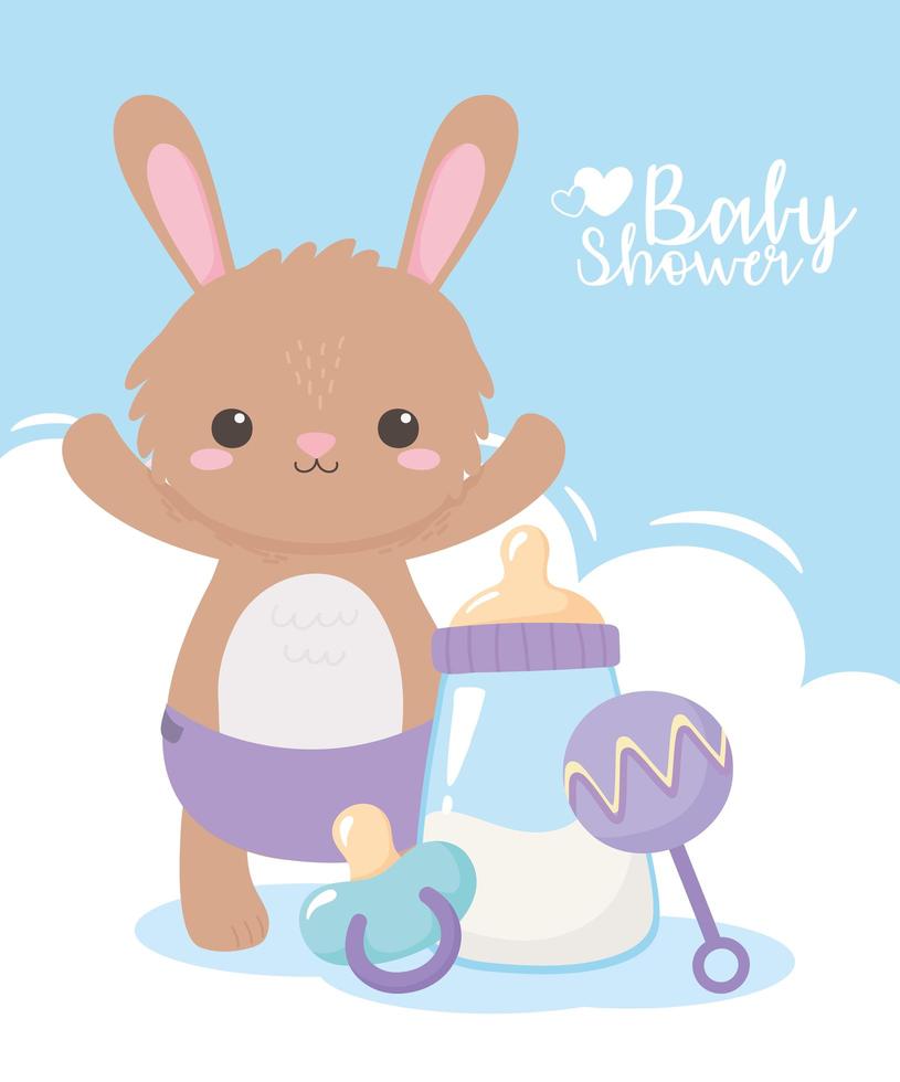 Babyparty, niedlicher Hase mit Windelrassel und Schnuller, Feier willkommen Neugeborenes vektor