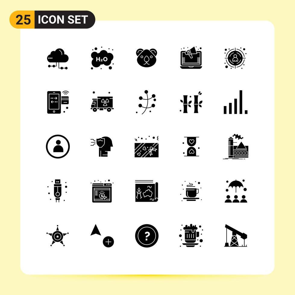 uppsättning av 25 vektor fast glyfer på rutnät för uppkopplad marknadsföring marknadsföring studie annonser känguru redigerbar vektor design element