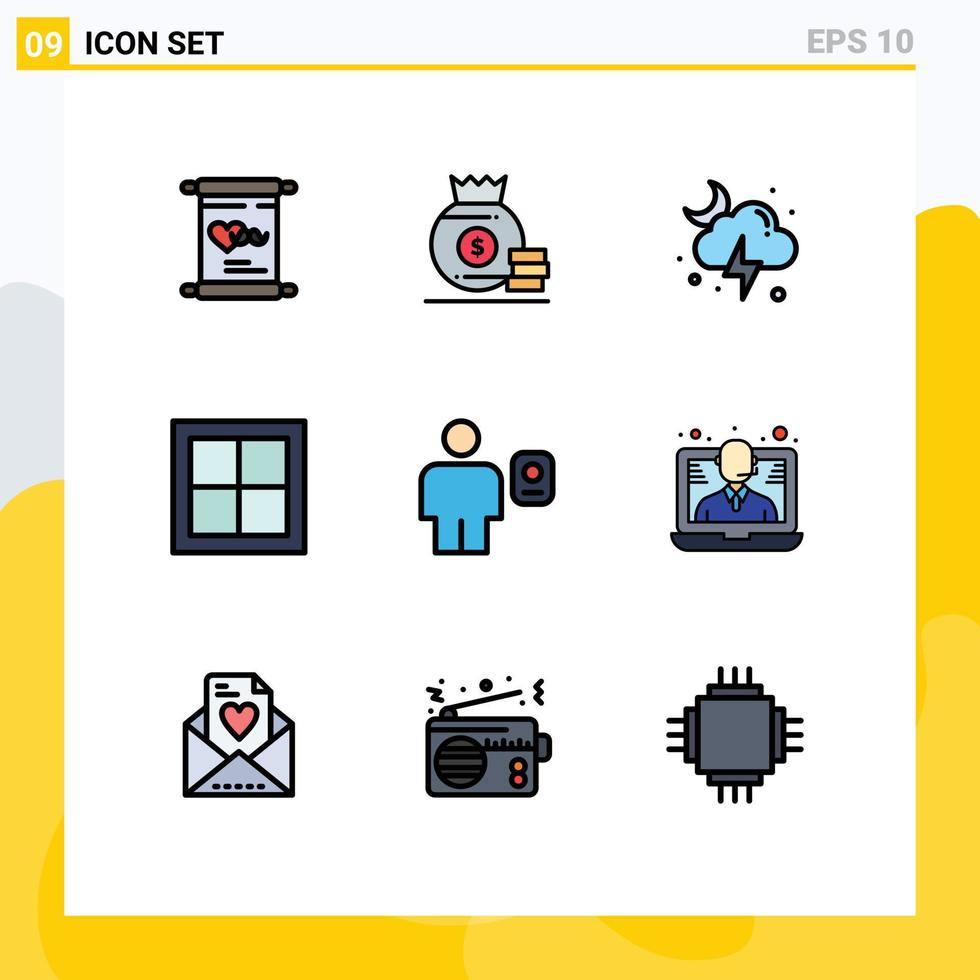 Satz von 9 Vektor-Filledline-Flachfarben auf Raster für Avatar-Innenwolkenhaus-Wohnung editierbare Vektordesign-Elemente vektor
