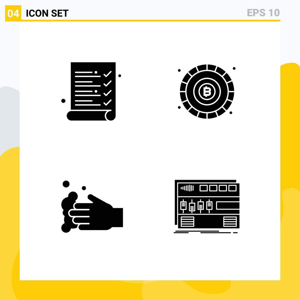 Packung mit 4 modernen Solid-Glyphen-Zeichen und Symbolen für Web-Printmedien wie Audit-Soap-Bitcoin-Token-Audio-editierbare Vektordesign-Elemente vektor