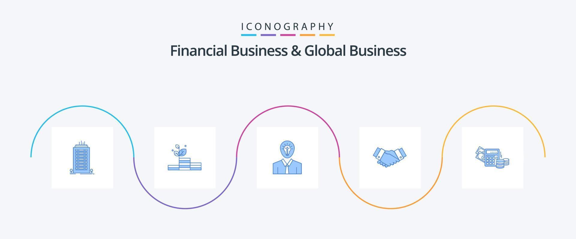 finansiell företag och global företag blå 5 ikon packa Inklusive partner. handslag. man. handla. tillväxt vektor