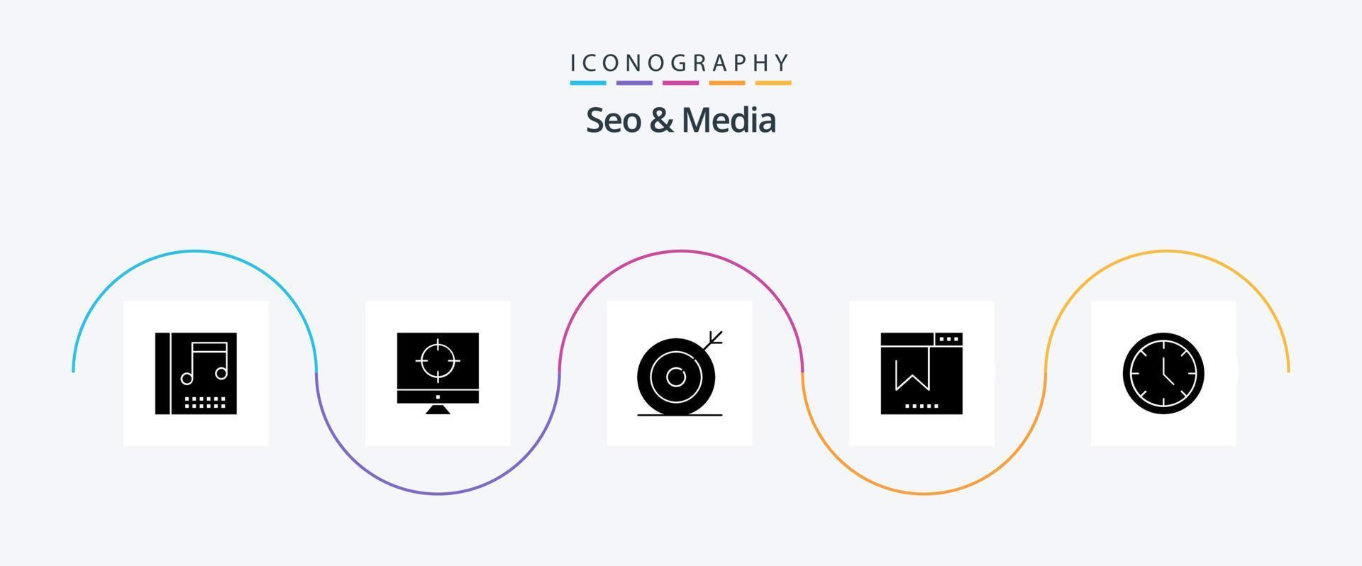 SEO und Media Glyph 5 Icon Pack inklusive Zeit. Webseite. Medien. seo. Lesezeichen vektor