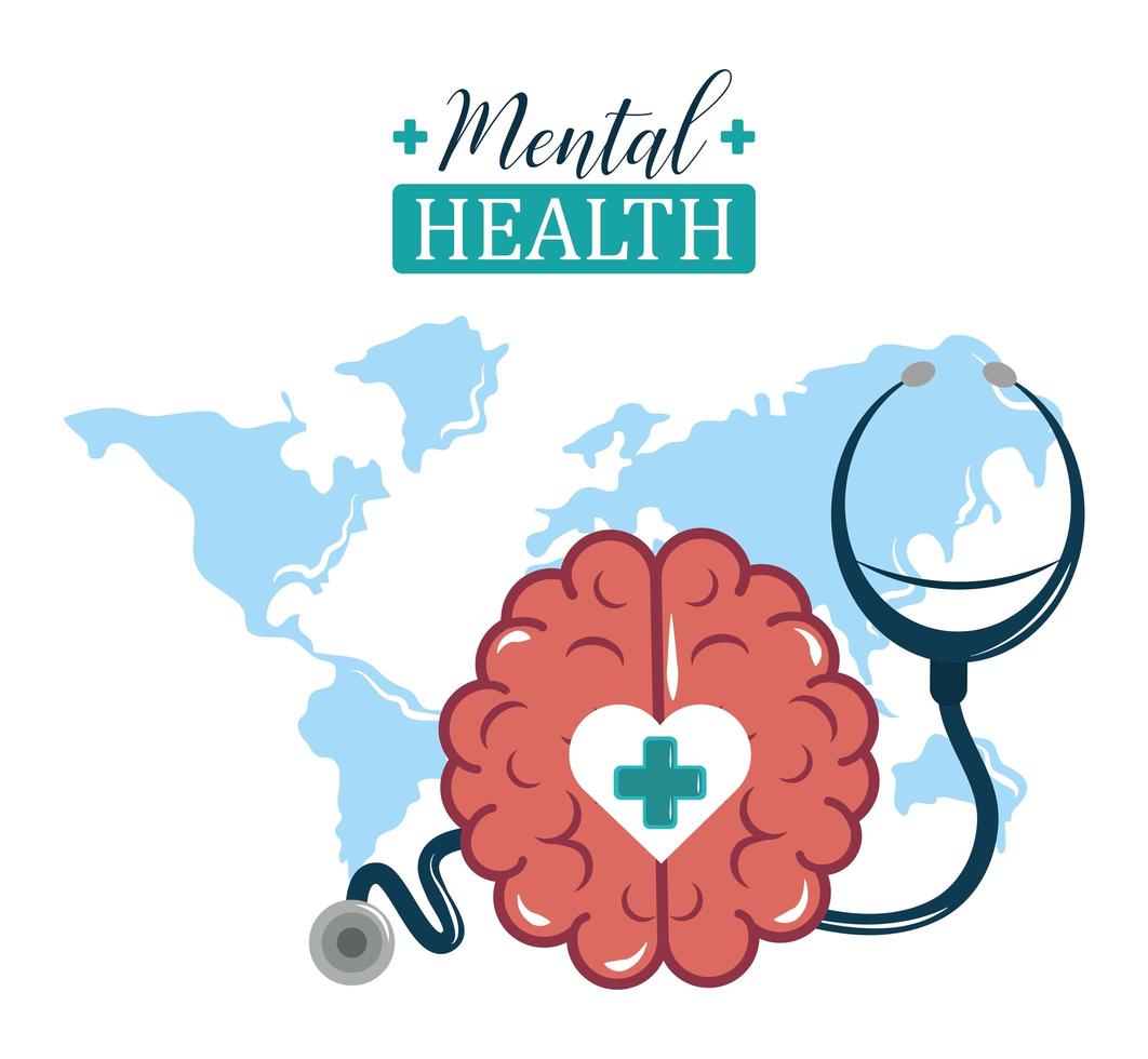psykisk hälsodag, världsstetoskop och hjärna, psykologisk medicinsk behandling vektor