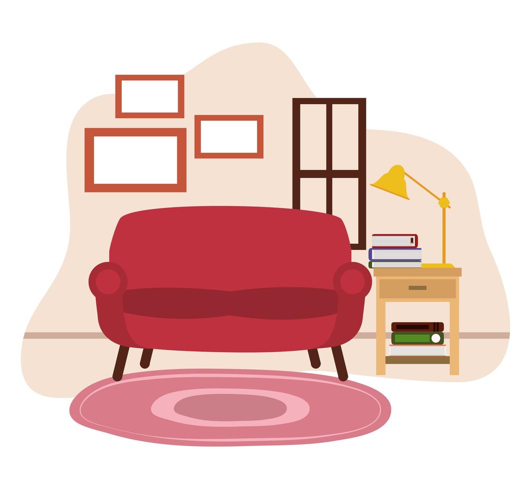 rote Sofa Tischlampe Bücher Teppich und Fenster vektor