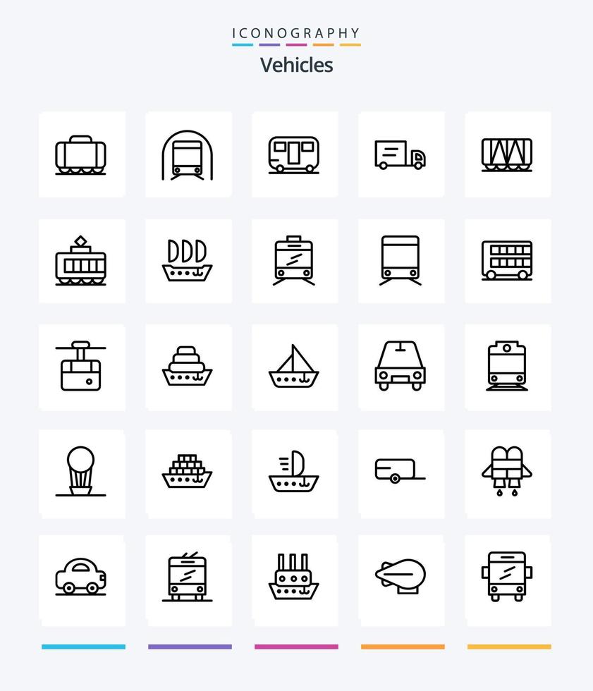 kreative Fahrzeuge 25 Umriss-Icon-Pack wie Eisenbahn. Fahrzeug. Wohnwagen. Eisenbahn. LKW vektor