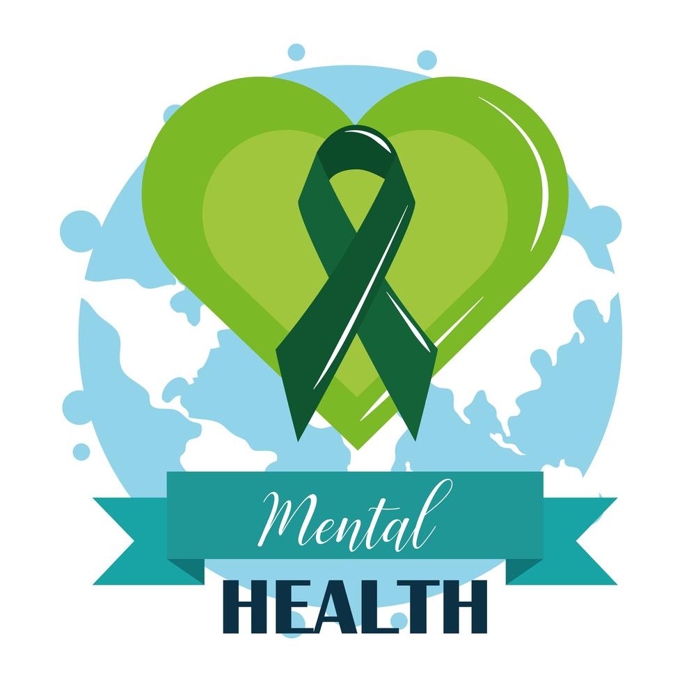 mental hälsodag, band i världen med grönt hjärta, psykologisk medicinsk behandling vektor