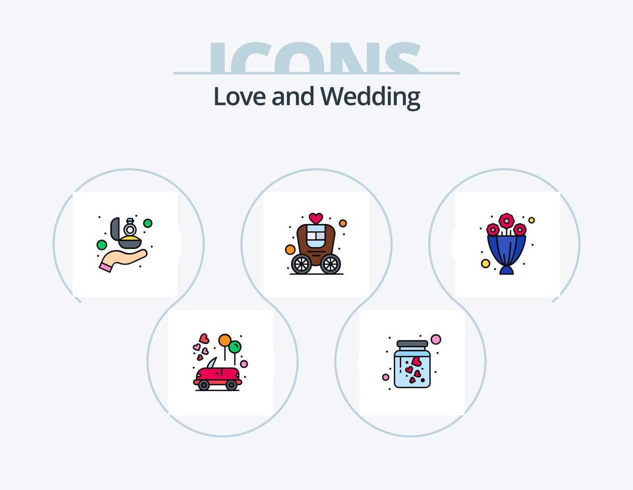 bröllop linje fylld ikon packa 5 ikon design. blommor. klänning. kärlek meddelande. spets. brud vektor