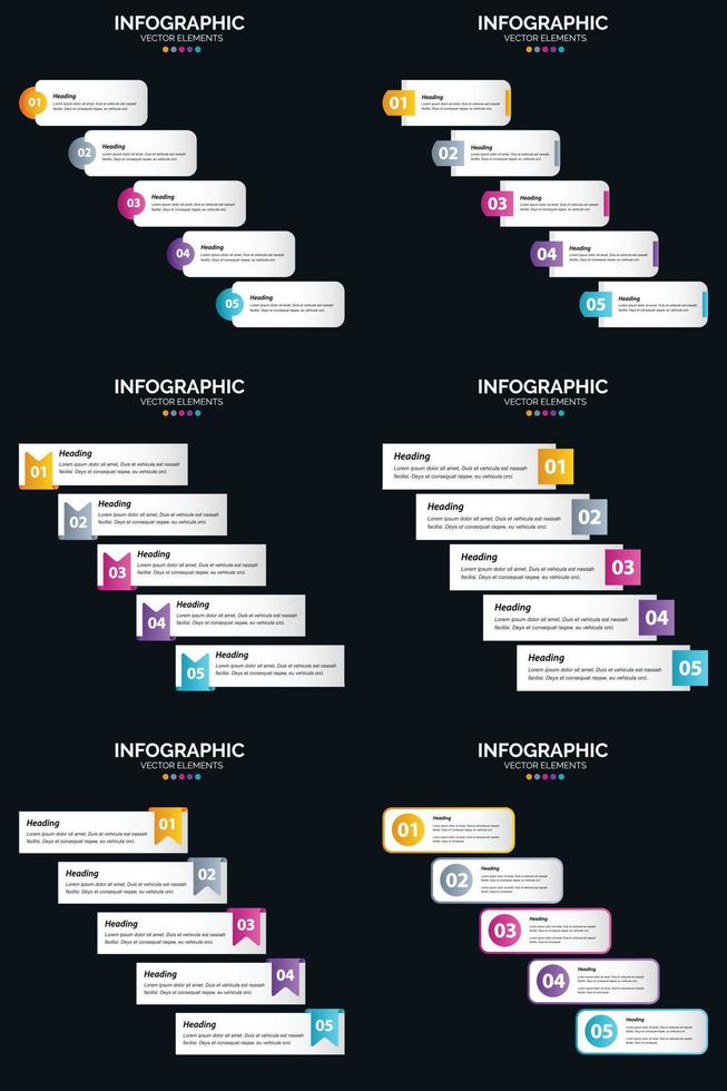 Vektor 6 Infografiken Pack Präsentationsfolie Vorlage 5 Schritte Zyklusdiagramme und Zeitleisten