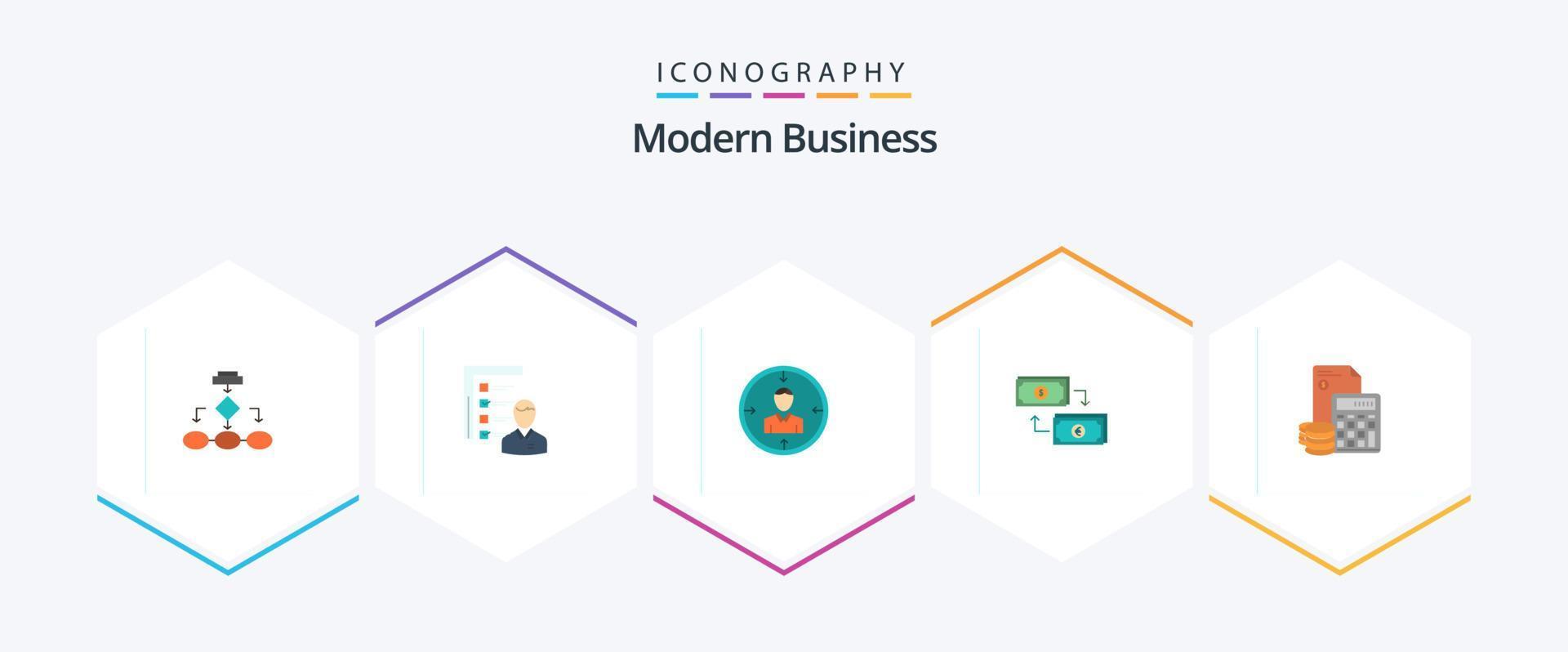 Modern Business 25 Flat Icon Pack inkl. Std. Ziel. Fähigkeiten. Kompetenzen. Mann vektor