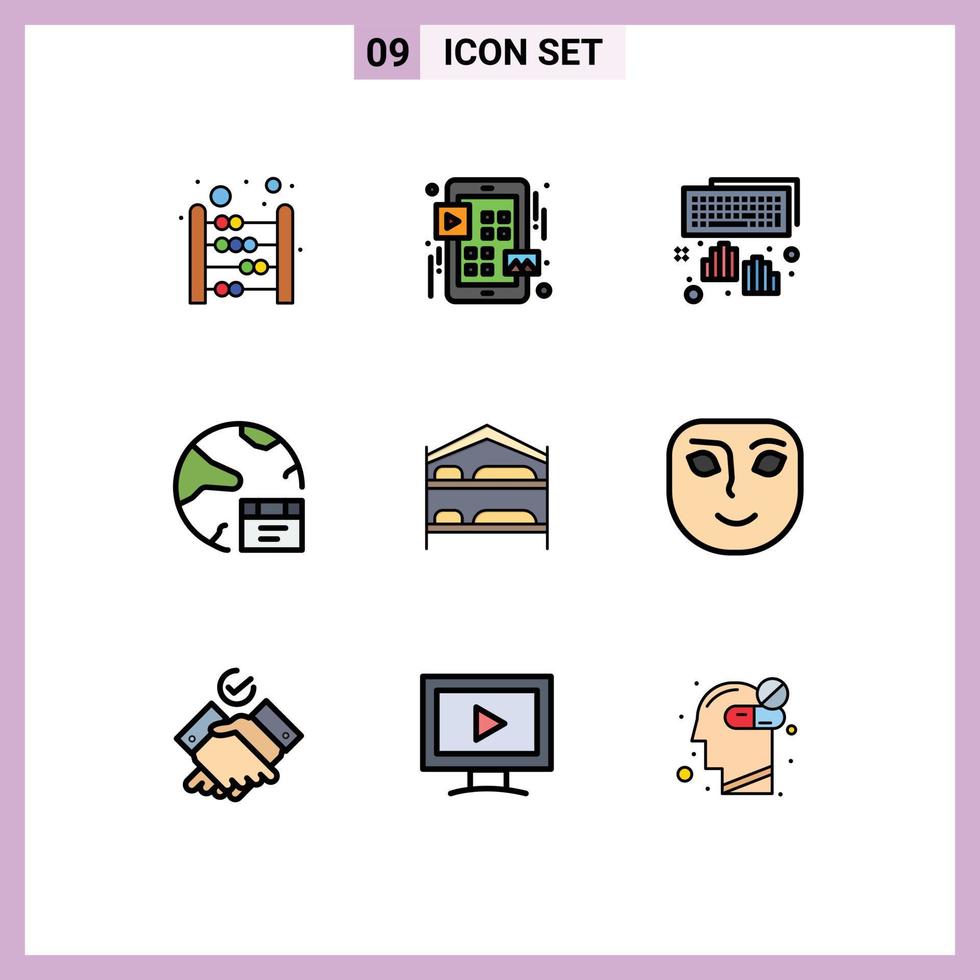 uppsättning av 9 vektor fylld linje platt färger på rutnät för säng global händer utveckla app redigerbar vektor design element