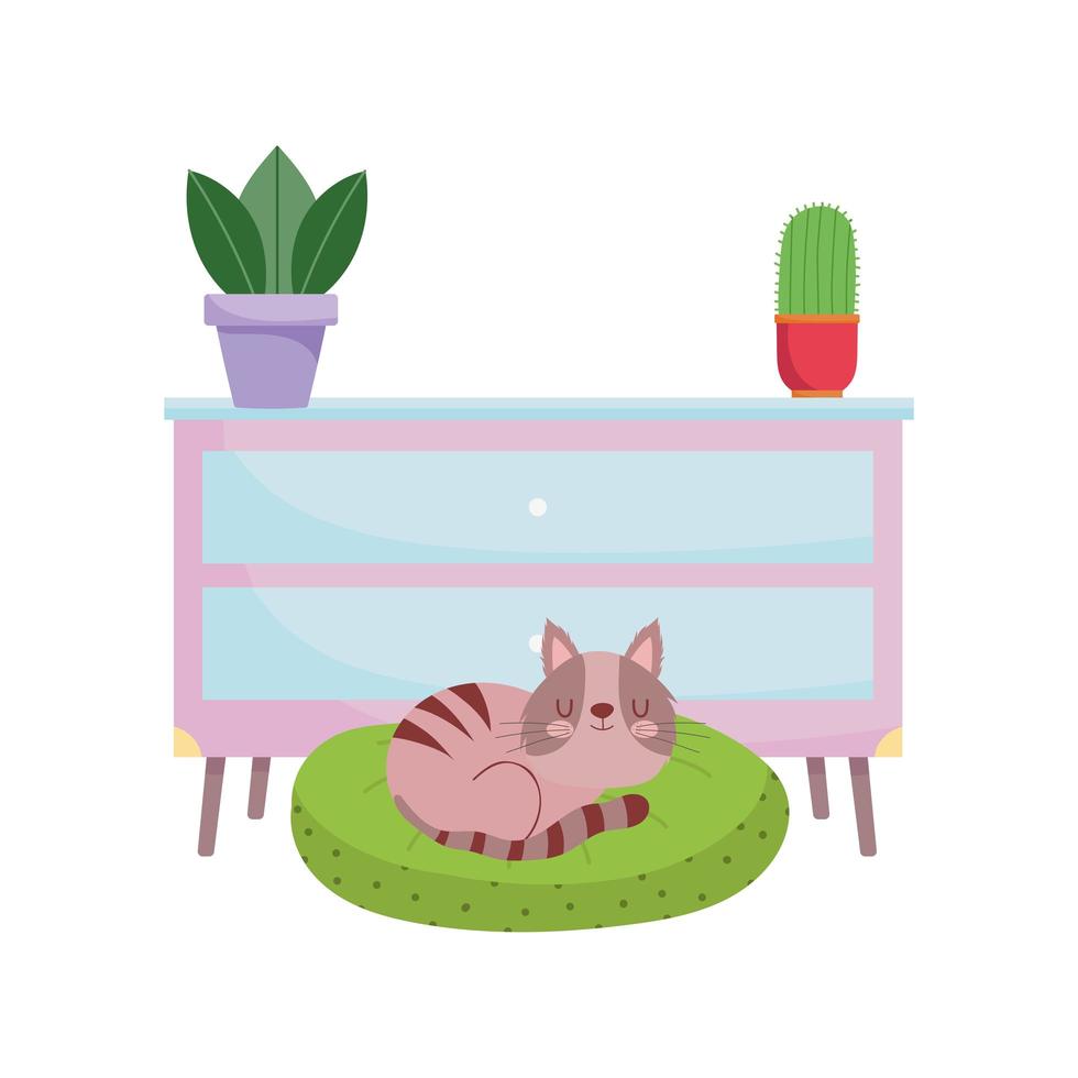 Katze auf Kissenmöbeln und Topfpflanzen isolierte Design weißen Hintergrund vektor
