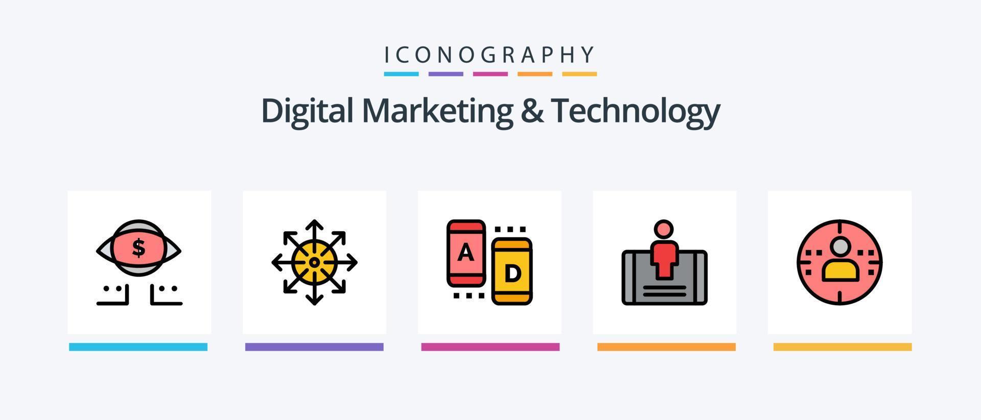 digitale Marketing- und Technologielinie mit 5 Symbolpaketen einschließlich Marketing. Marketing. Werbung. Globus. offen. kreatives Symboldesign vektor