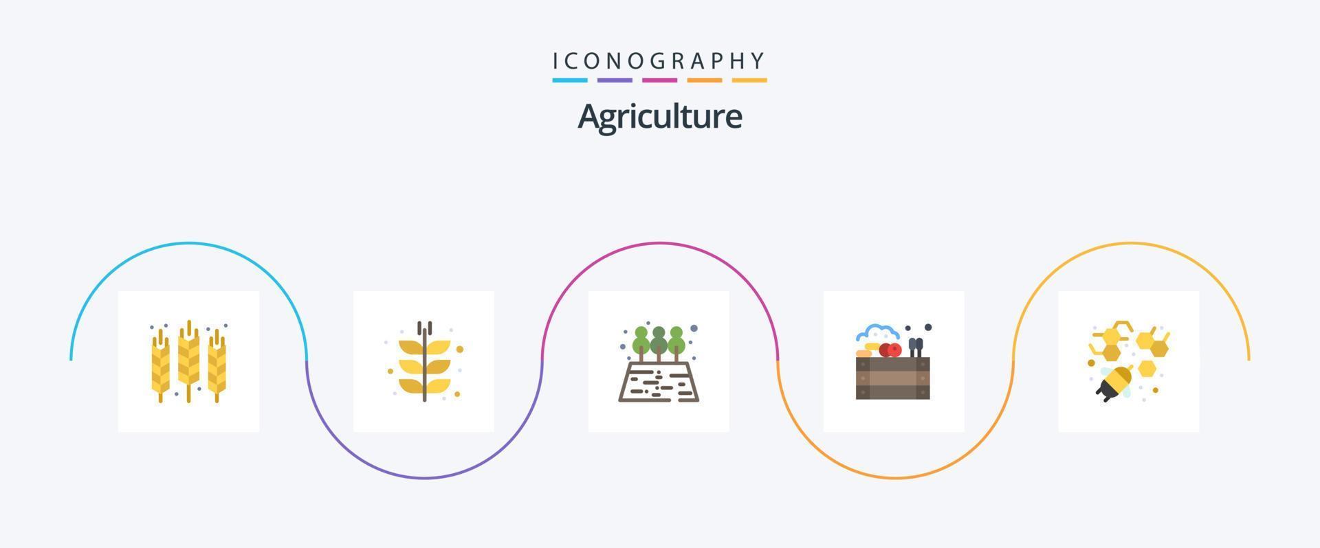 Landwirtschaft Flat 5 Icon Pack inklusive Biene. Bauernhof. Ernte. Äpfel. Baum vektor