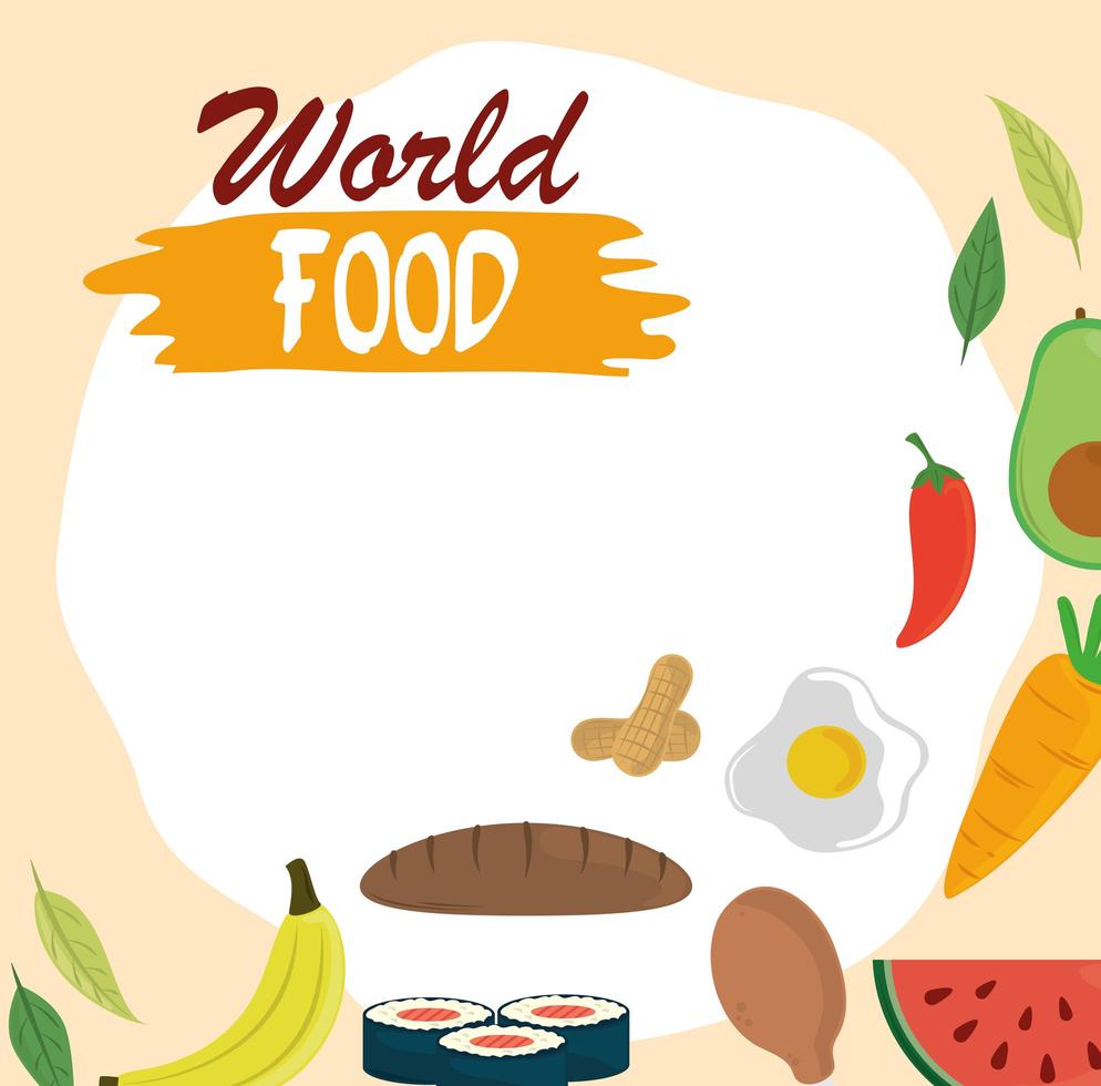 Welternährungstag, Brot Huhn Obst Obst Gemüse gesunde Lebensweise Mahlzeit Hintergrund vektor