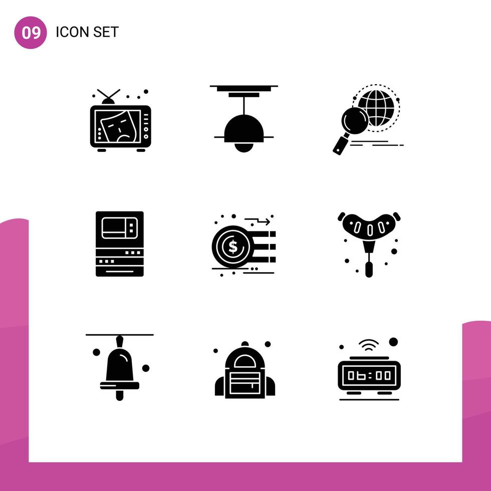 9 kreative Symbole moderne Zeichen und Symbole der Maschinen-ATM-Lampe Weltlupe editierbare Vektordesign-Elemente vektor