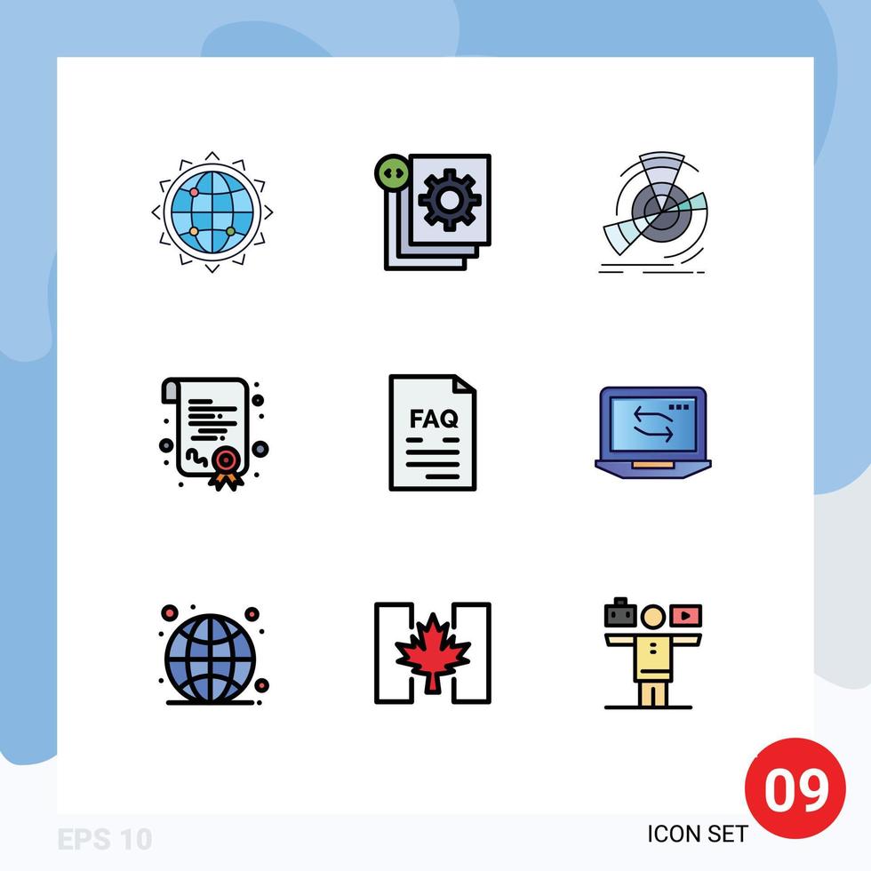 Filledline Flat Color Pack mit 9 universellen Symbolen für die Referenzleistung des Diplomzertifizierungsprozesses, editierbare Vektordesign-Elemente vektor