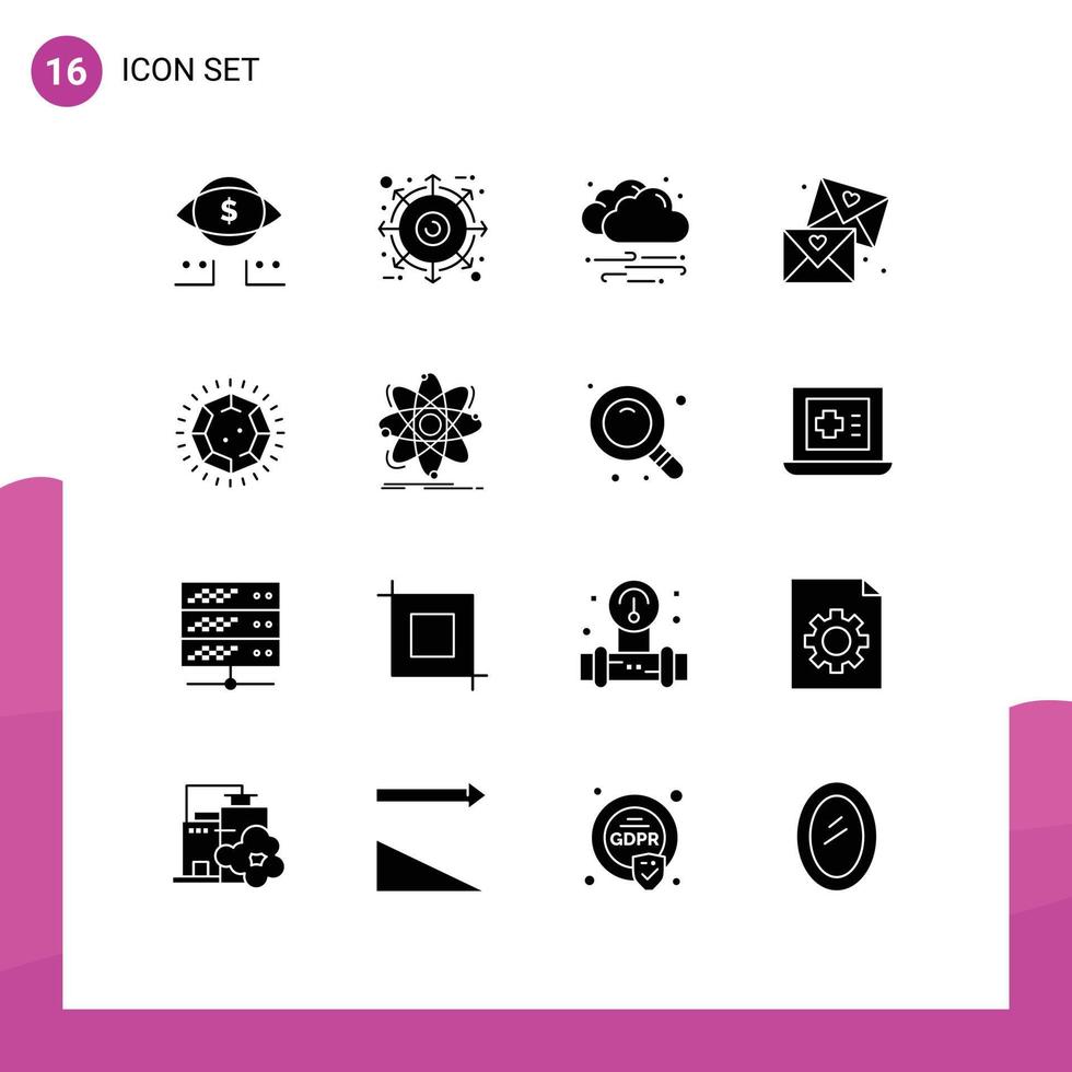 Stock Vector Icon Pack mit 16 Zeilen Zeichen und Symbolen für Edelstein Hochzeit Wetterbrille E-Mail editierbare Vektordesign-Elemente