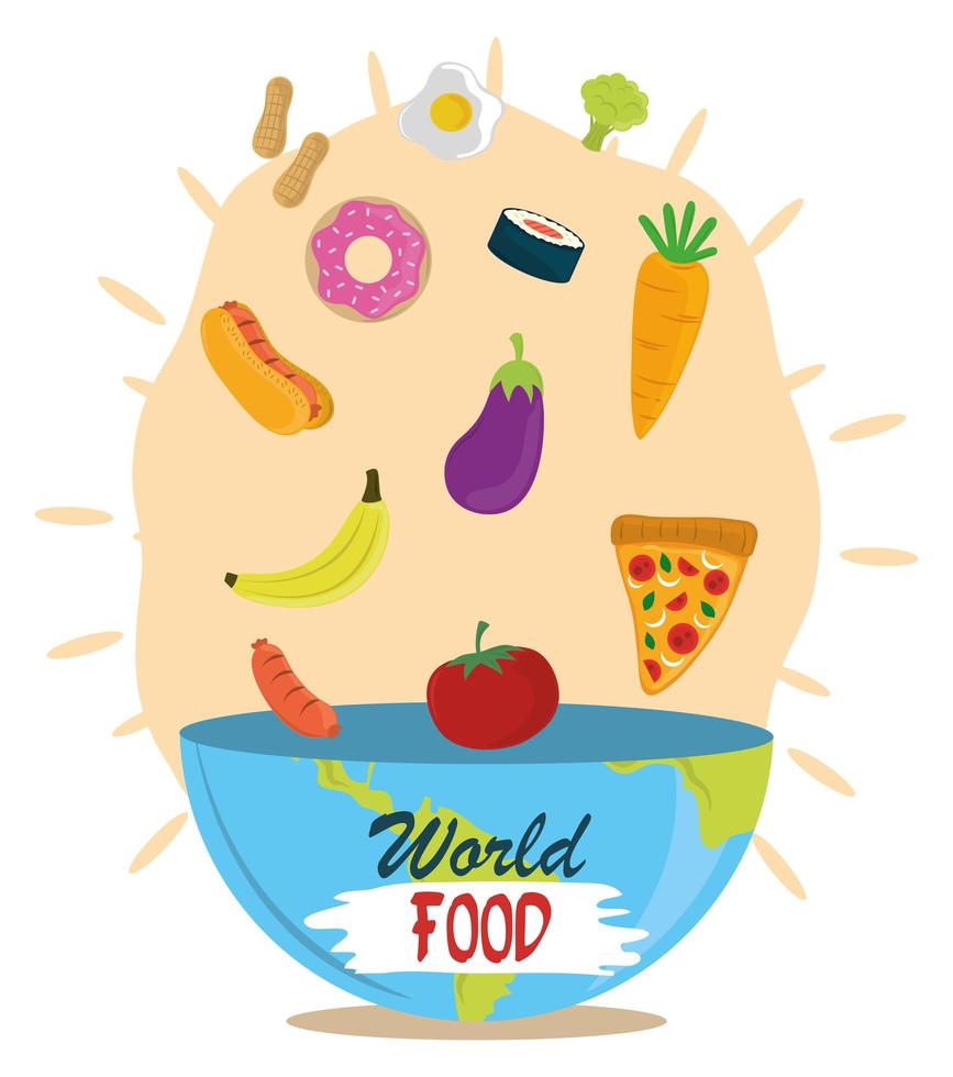 världens matdag, fallande vegetabilisk fruktdiet i skål, hälsosam livsstilsmåltid vektor