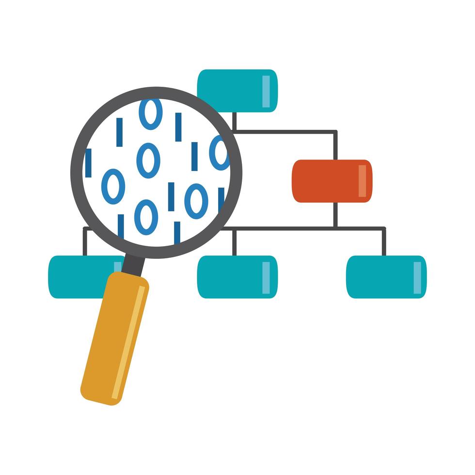 Datenanalyse, Organigramm Lupenentwicklung flaches Symbol vektor