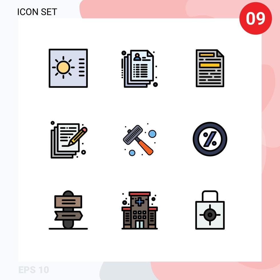 redigerbar vektor linje packa av 9 enkel fylld linje platt färger av biff kök redskap dokumentera hammare konst redigerbar vektor design element