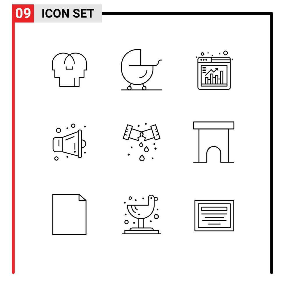Stock Vector Icon Pack mit 9 Zeilen Zeichen und Symbolen für Klempner Leckfenster Lautsprecher Megaphon editierbare Vektordesign-Elemente