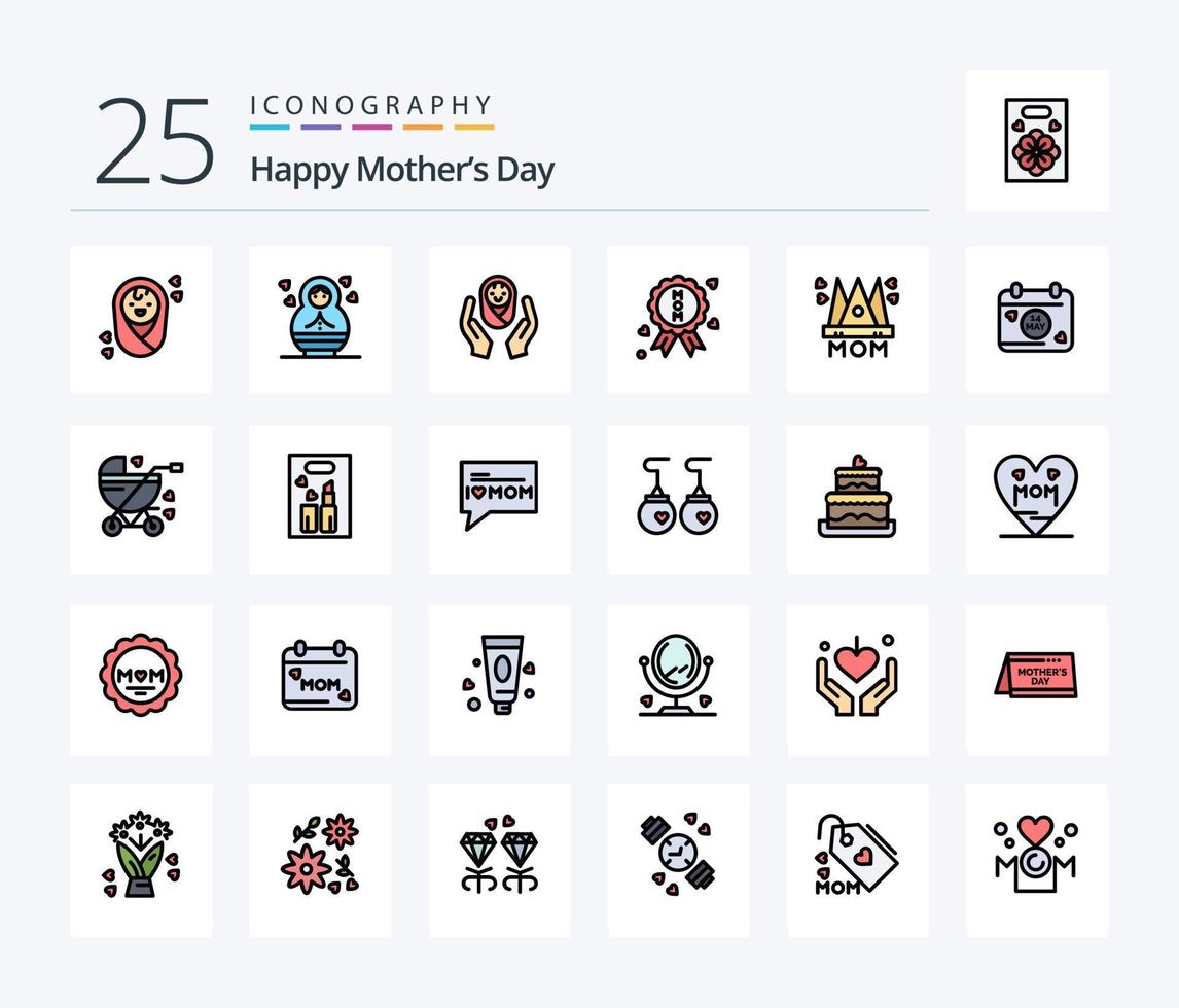 Happy Mothers Day 25 Zeilen gefülltes Icon Pack inklusive Datum. Frau. Medaille. Mutter. Liebe vektor