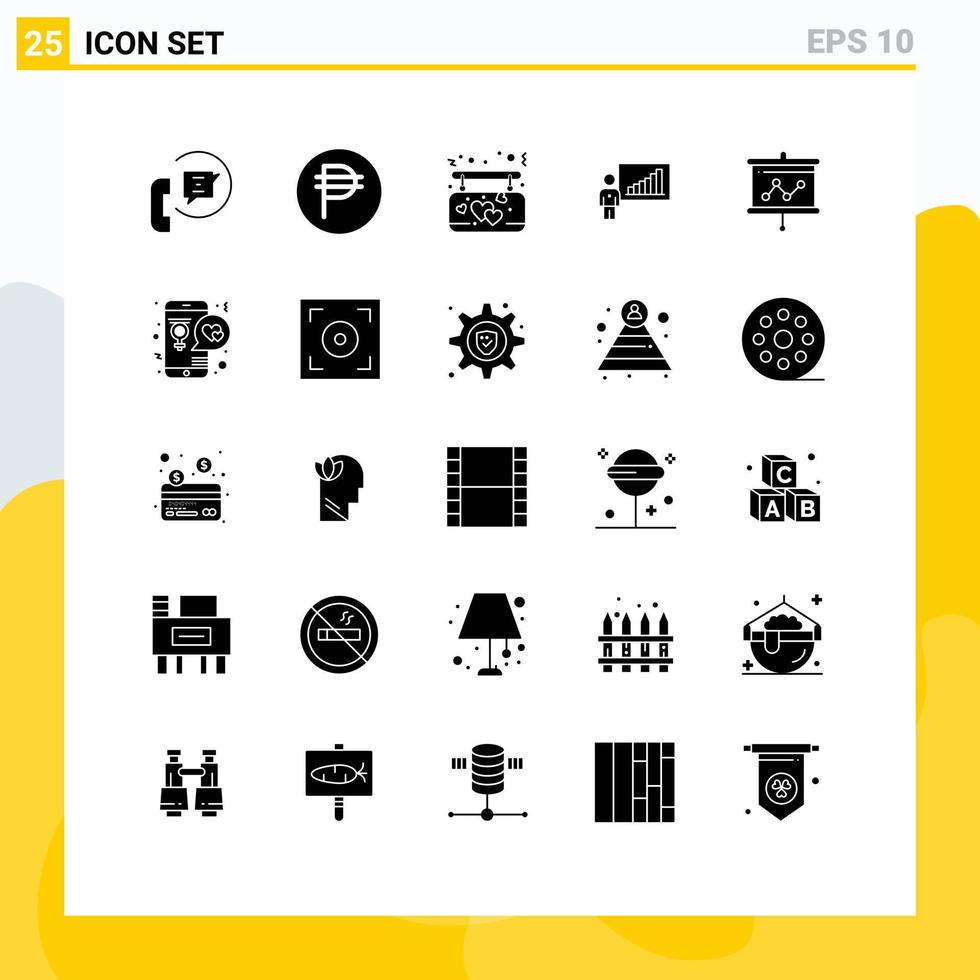 25 universell fast glyfer uppsättning för webb och mobil tillämpningar Framgång Diagram peso företag kärlek redigerbar vektor design element