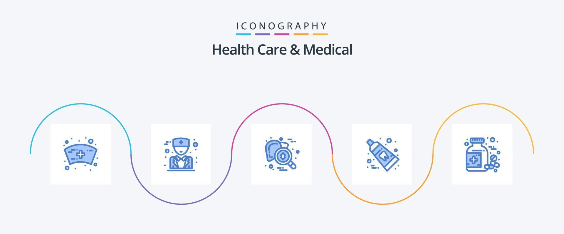 gesundheitswesen und medizinisches blaues 5-symbolpaket einschließlich pillen. Flasche. Organ. Zahnpasta. sauber vektor