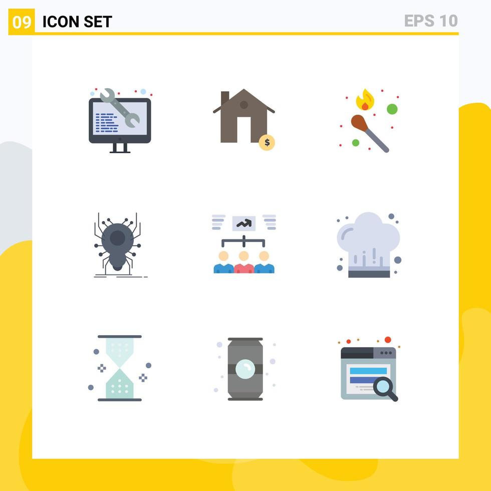 grupp av 9 platt färger tecken och symboler för app Spindel hus insekt pinne brand redigerbar vektor design element