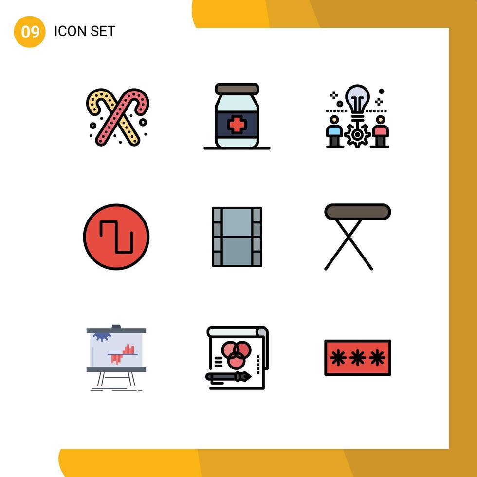 Gruppe von 9 modernen Filledline-Flachfarben, die für Filam-Videobirnenwellen-Ton editierbare Vektordesign-Elemente festgelegt werden vektor