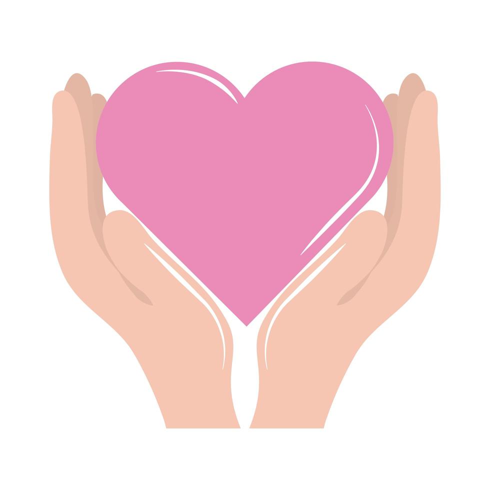 bröstcancermedvetenhet månad, händer som håller rosa hjärta kärlek stöd, hälso-och koncept platt ikon stil vektor