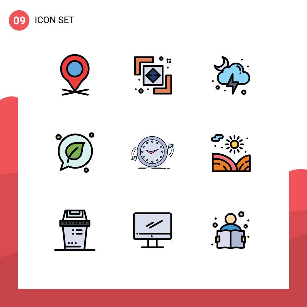 Packung mit 9 modernen Filledline-Flachfarben Zeichen und Symbolen für Web-Printmedien wie Uhr speichern Wolkenblatt-Chat editierbare Vektordesign-Elemente vektor