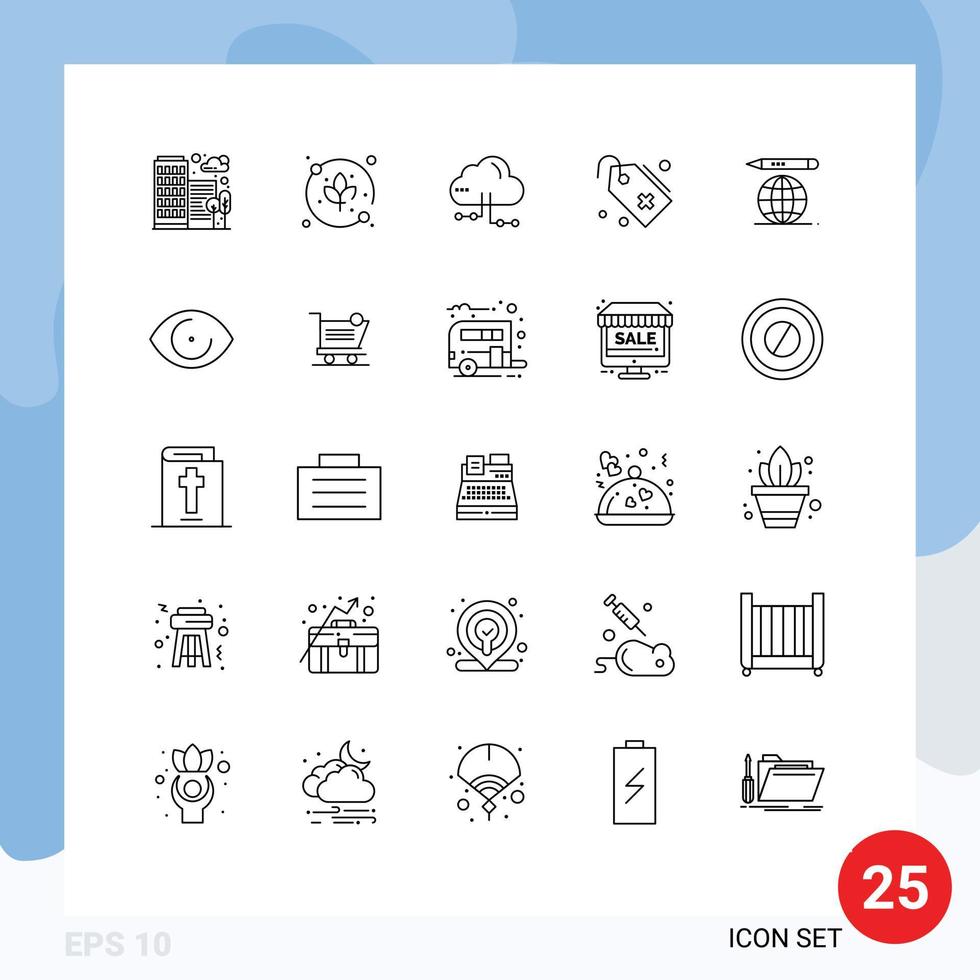 Line-Pack mit 25 universellen Symbolen für bearbeitbare Vektordesign-Elemente für Bleistift-Welt-Aktienschild-Tags vektor
