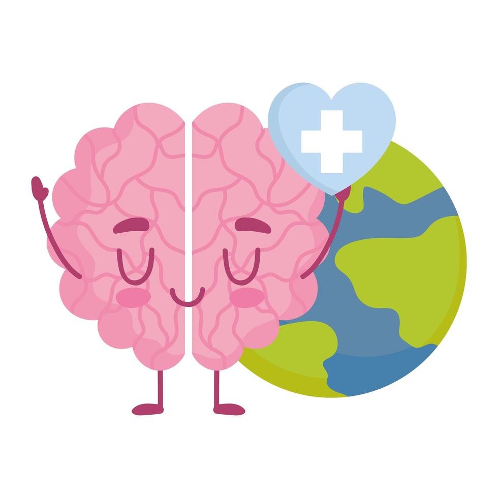 Welttag der psychischen Gesundheit, Cartoon Gehirn Herz und Erde vektor