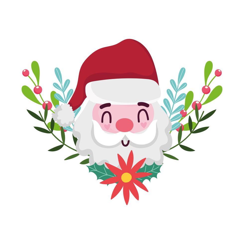 Frohe Weihnachten, Karikaturgesicht Santa Claus Blume und Stechpalmenbeere, isoliertes Design vektor