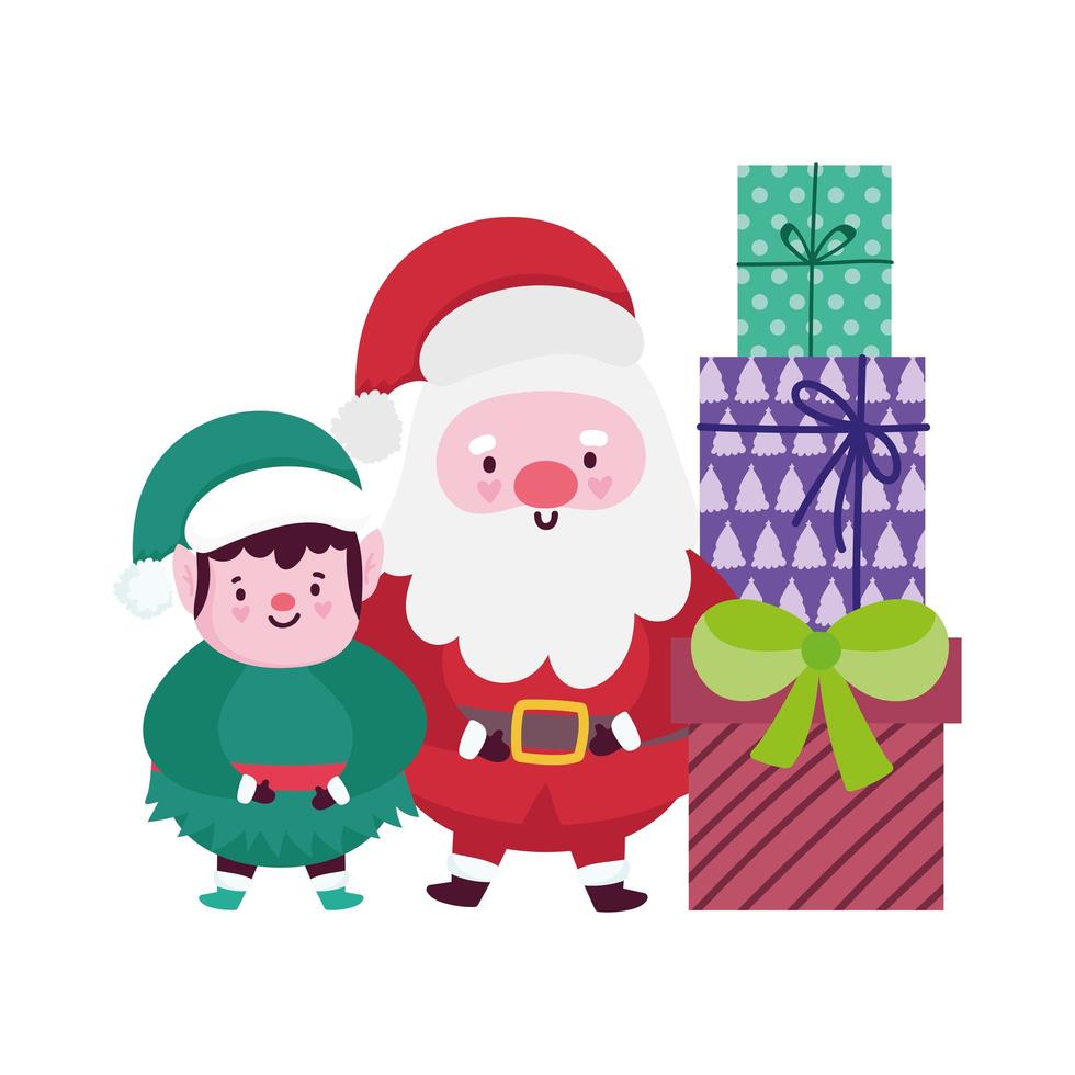Frohe Weihnachten, Weihnachtsmann Helfer und Geschenkboxen Dekoration, isoliertes Design vektor