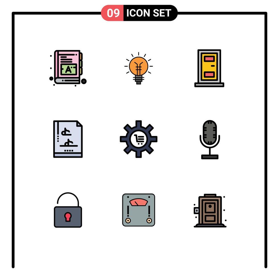 9 universelle Fillline-Flachfarben für Web- und mobile Anwendungen, Konfiguration, Multimedia-Lampe, Musikhaus, editierbare Vektordesign-Elemente vektor