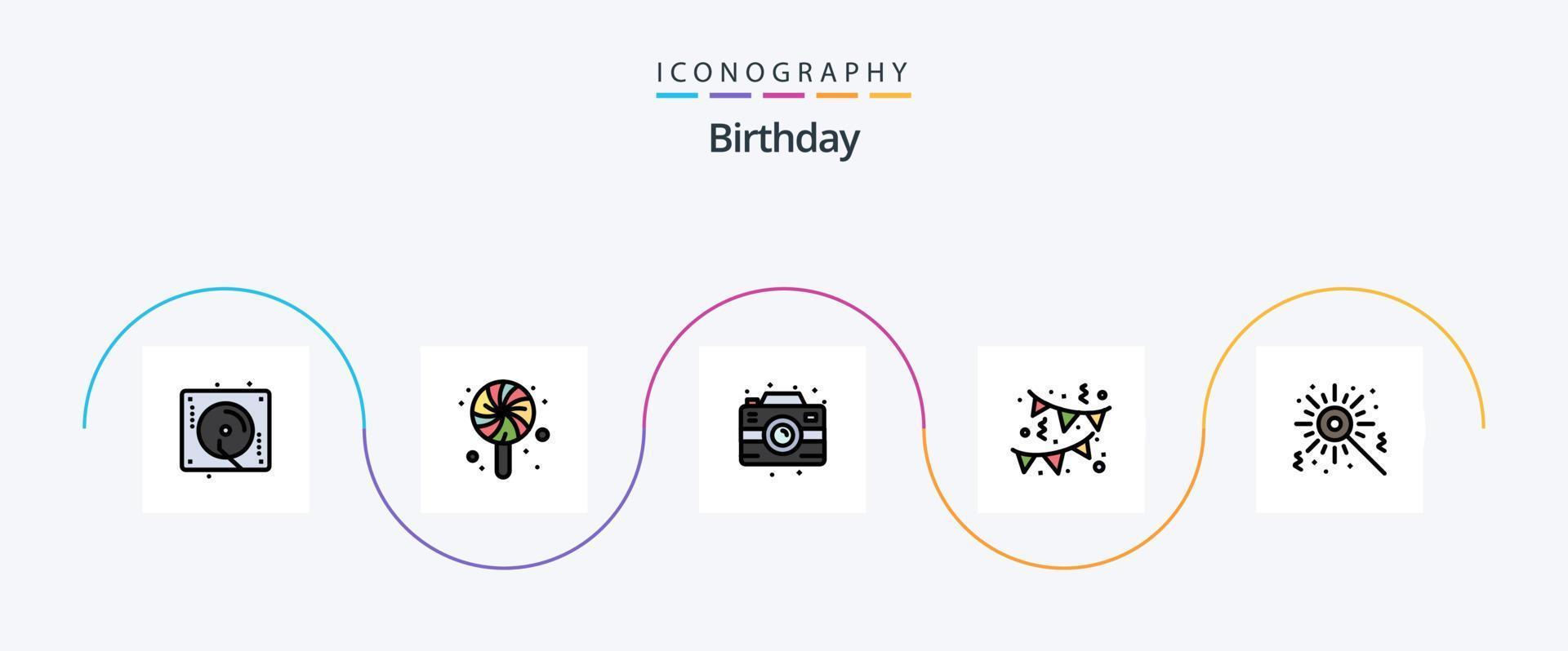 födelsedag linje fylld platt 5 ikon packa Inklusive . bengal brand. kamera. bengalen. dekoration vektor