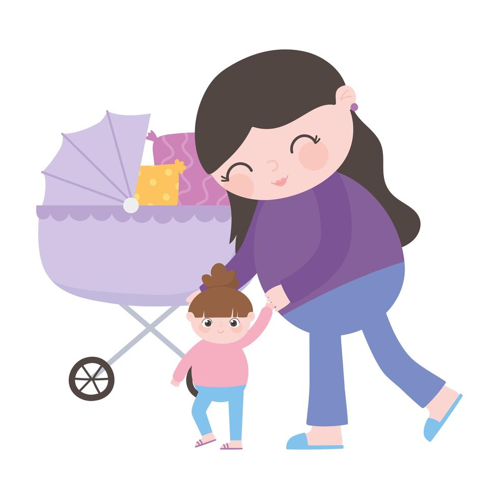 Schwangerschaft und Mutterschaft, Mutter geht mit ihrer kleinen Tochter und ihrem Kinderwagen spazieren vektor