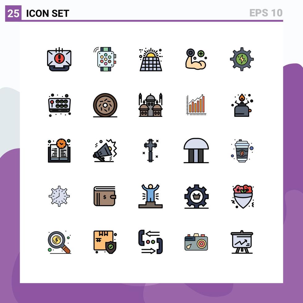 25 universell fylld linje platt färger uppsättning för webb och mobil tillämpningar muskel hand utbildning kondition batteri redigerbar vektor design element