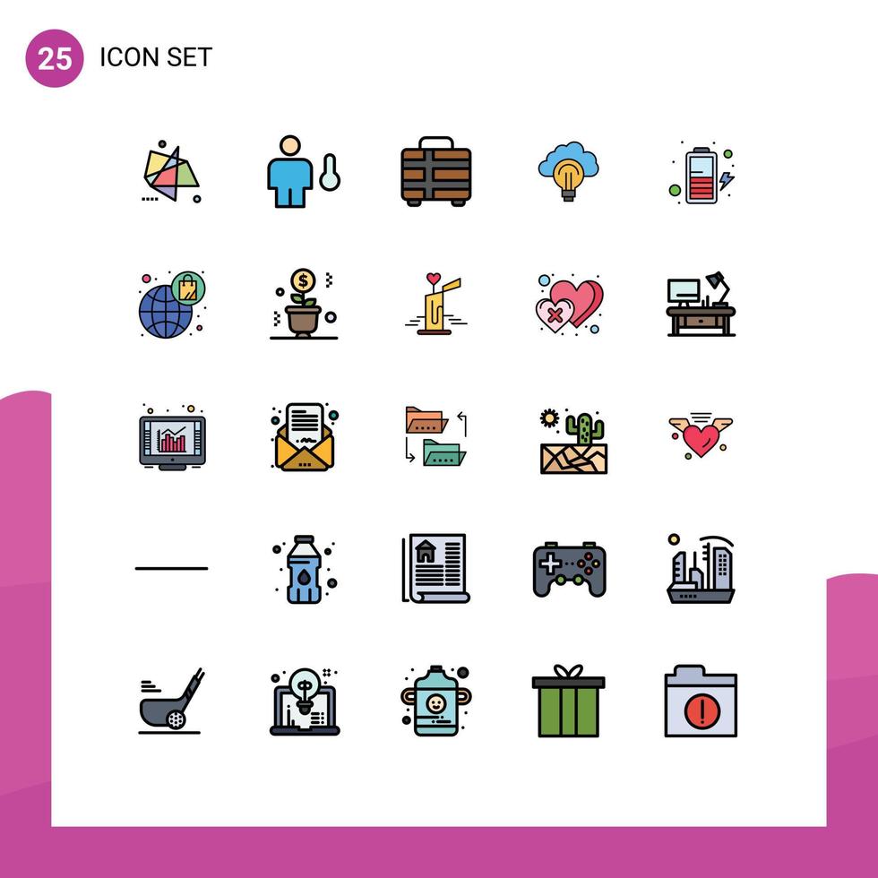 Gruppe von 25 modernen, gefüllten Linien-Flachfarben, die für editierbare Vektordesign-Elemente des Fokuslichts für den Transport menschlicher Ideen festgelegt werden vektor