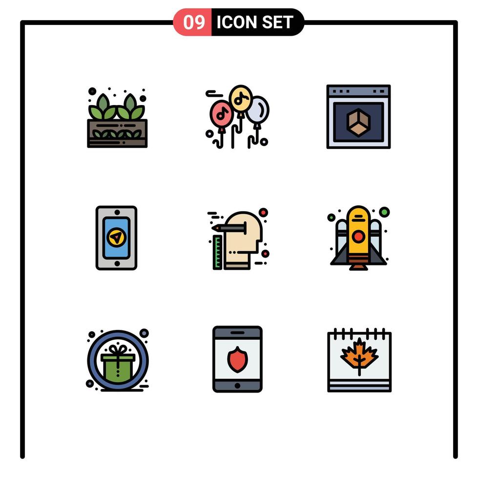 modern uppsättning av 9 fylld linje platt färger och symboler sådan som tänkande kreativ browser regnig mobil redigerbar vektor design element